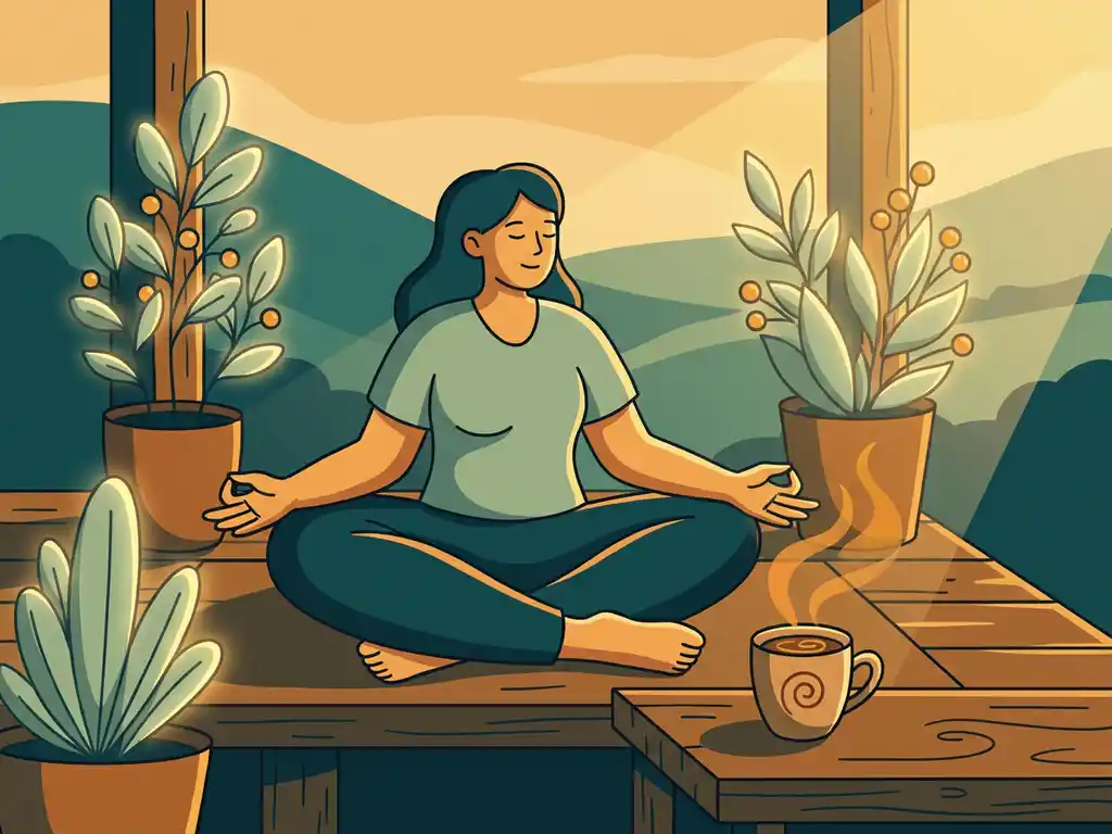 Persoon in meditatieve houding met open handen op knieën, omringd door planten en dampende kruidenthee in warm ochtendlicht.