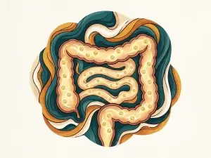 Doorsnede van menselijke darm met gloeiend gouden licht en lichtgevende serotonine-moleculen langs darmwanden in teal, amber en wit.