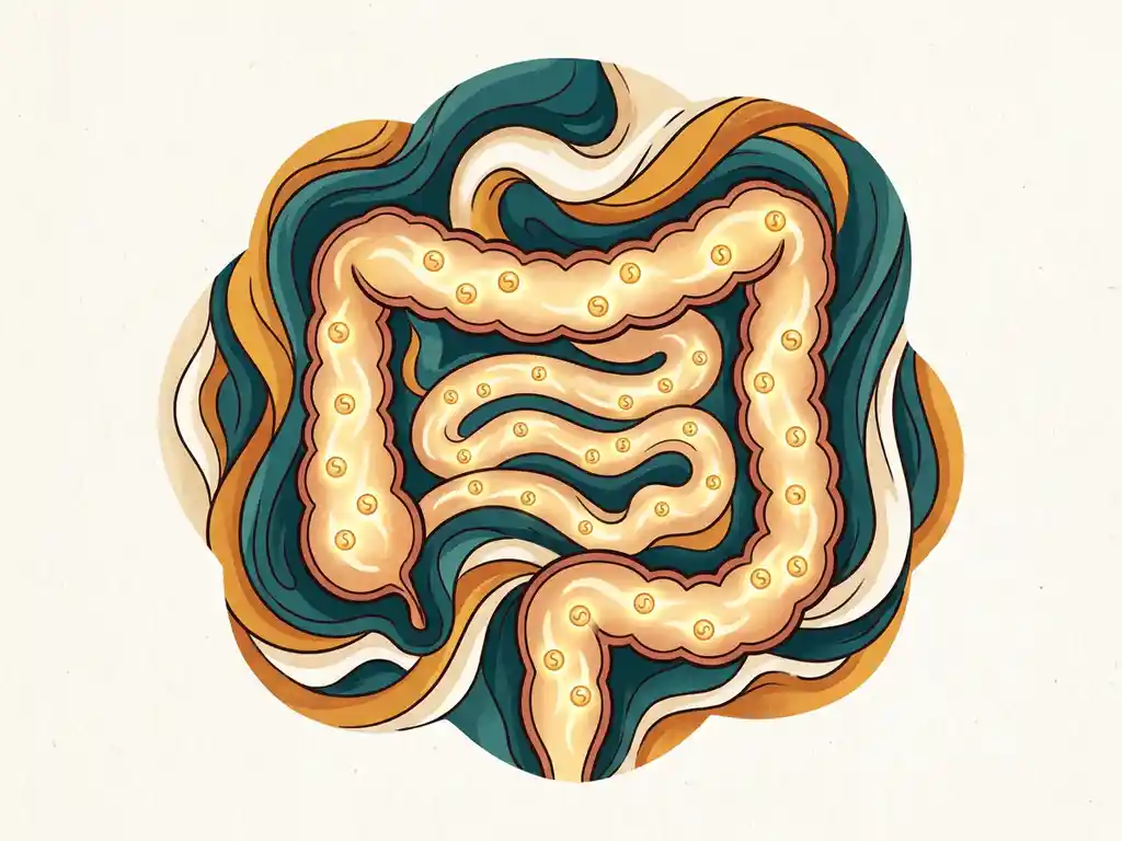 Doorsnede van menselijke darm met gloeiend gouden licht en lichtgevende serotonine-moleculen langs darmwanden in teal, amber en wit.