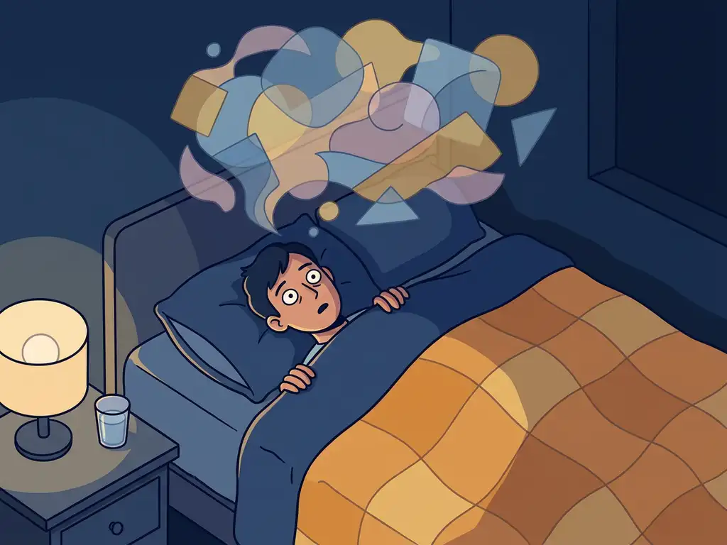 Persoon die wakker ligt in donkere slaapkamer met open ogen, abstracte gedachten zweven boven het hoofd, donkerblauw en amber beddengoed.