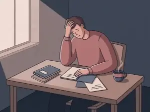 Uitgeputte persoon aan minimalistisch bureau, hoofd in hand leunend, omringd door notitieboeken en afgekoelde thee, zachte illustratiestijl.