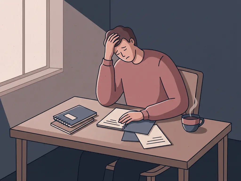 Uitgeputte persoon aan minimalistisch bureau, hoofd in hand leunend, omringd door notitieboeken en afgekoelde thee, zachte illustratiestijl.