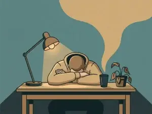 Uitgeputte persoon hangend over een bureau met gevouwen armen, omringd door een leeg glas en verwelkte plant in gedempte teal- en zandtinten.