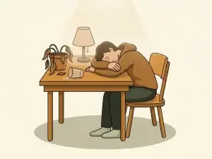 Uitgeputte persoon slap voorovergebogen op bureau met leeg glas, verwelkte plant en gedimde lamp.