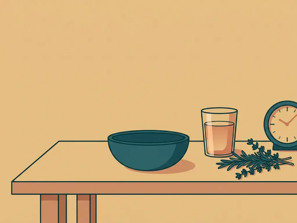 Minimalistische eettafel met lege keramische kom, glas water, verse kruiden en een klein klokje in warme zandtinten en terracotta.