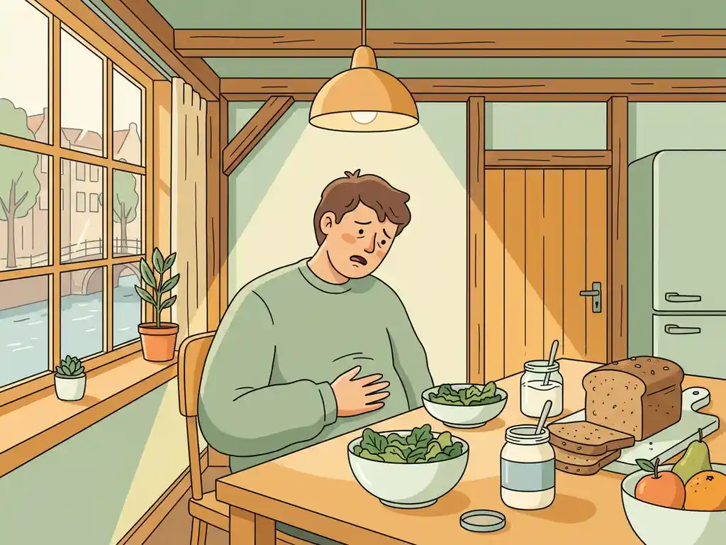 Vermoeide persoon hangend aan houten bureau, omringd door onaangeroerde gezonde voeding zoals bladgroenten, yoghurt en volkoren granen.