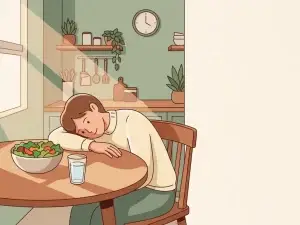 Persoon die hoofd rust op houten eettafel naast kleurrijke salade en glas water, slaperig na de lunch in warme keuken.