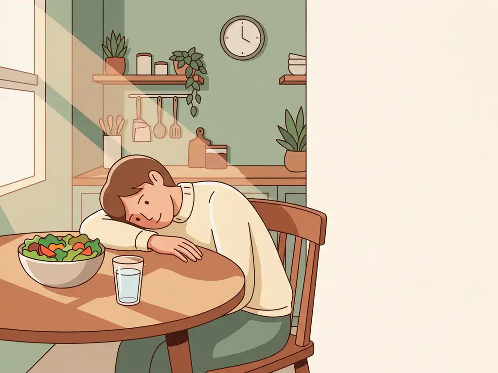 Persoon die hoofd rust op houten eettafel naast kleurrijke salade en glas water, slaperig na de lunch in warme keuken.