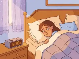 Uitgeput persoon wakker in bed met kussens, vermoeide blik ondanks nachtrust, wekker op nachtkastje in zacht ochtendlicht.