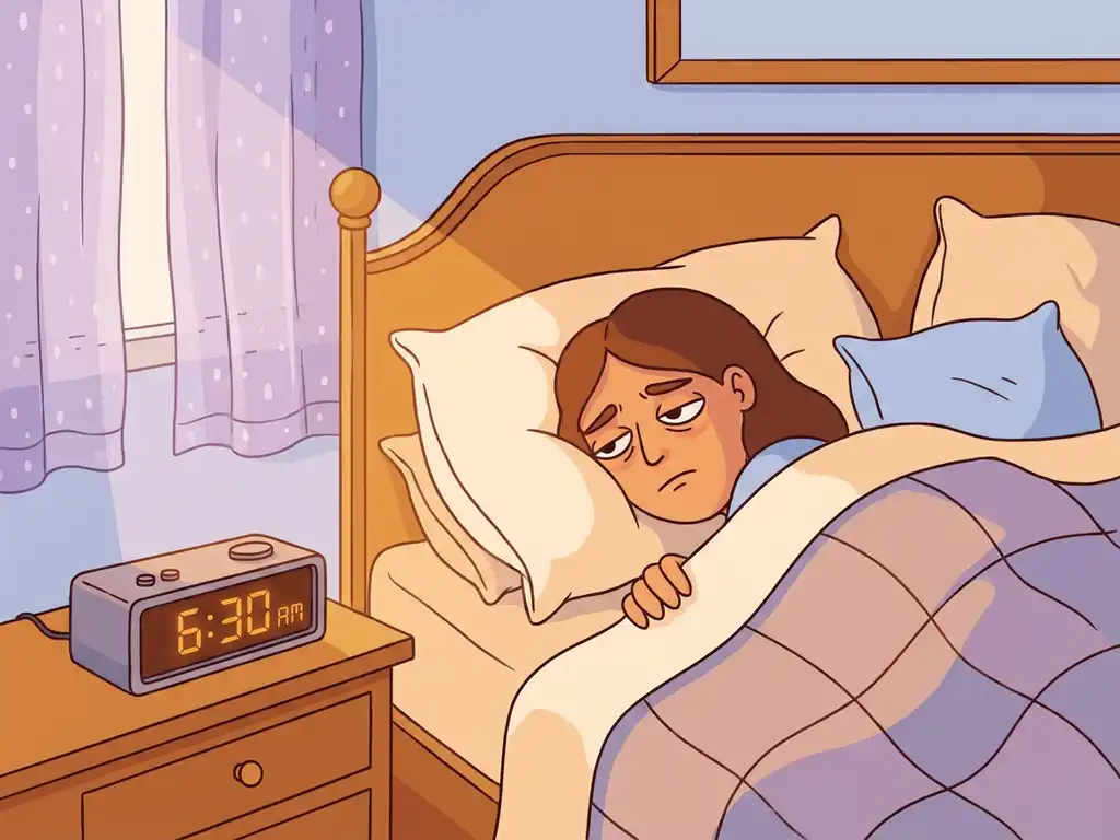 Uitgeput persoon wakker in bed met kussens, vermoeide blik ondanks nachtrust, wekker op nachtkastje in zacht ochtendlicht.