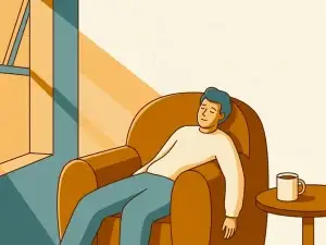 Uitgeputte persoon sluimert in fauteuil bij ochtendlicht, onaangeroerde koffie op bijzettafel, vectorillustratie in amber en groenblauw.