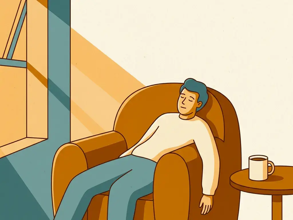 Uitgeputte persoon sluimert in fauteuil bij ochtendlicht, onaangeroerde koffie op bijzettafel, vectorillustratie in amber en groenblauw.