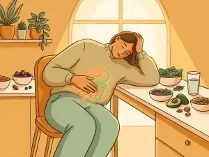 Vermoeide persoon aan modern bureau omringd door gezonde voeding en water, met subtiel oplichtende darmillustratie zichtbaar onder kleding.