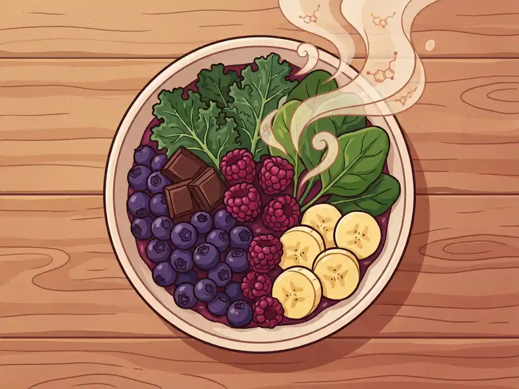 Kleurrijke kom met bessen, pure chocolade, bananen en bladgroenten op houten ondergrond met serotonine-moleculen in opstijgende stoom.