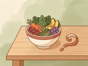 Bovenaanzicht van een houten kom gevuld met kleurrijke groenten, peulvruchten en fruit, met een vraagtekenvorming van een groenteeschil ernaast.