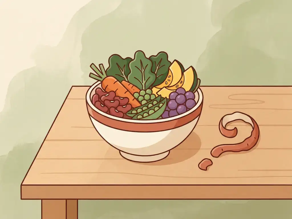 Bovenaanzicht van een houten kom gevuld met kleurrijke groenten, peulvruchten en fruit, met een vraagtekenvorming van een groenteeschil ernaast.