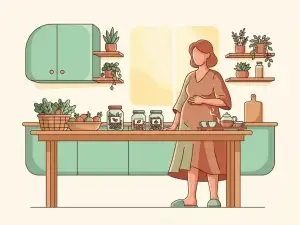Vrouw in lichte keuken met hand op buik, omringd door verse groenten en kruidenthee op houten aanrecht.