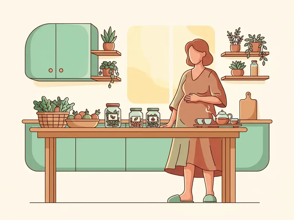 Vrouw in lichte keuken met hand op buik, omringd door verse groenten en kruidenthee op houten aanrecht.