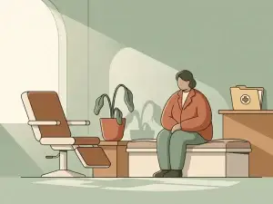 Patiënt alleen in stille wachtkamer met verwelkte plant, lege stoel en gesloten medisch dossier op bureau.
