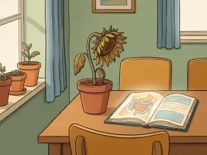Verwelkte zonnebloem naast een gloeiende darmillustratie in een gezellig interieur met terracotta potten en warme amber tinten.