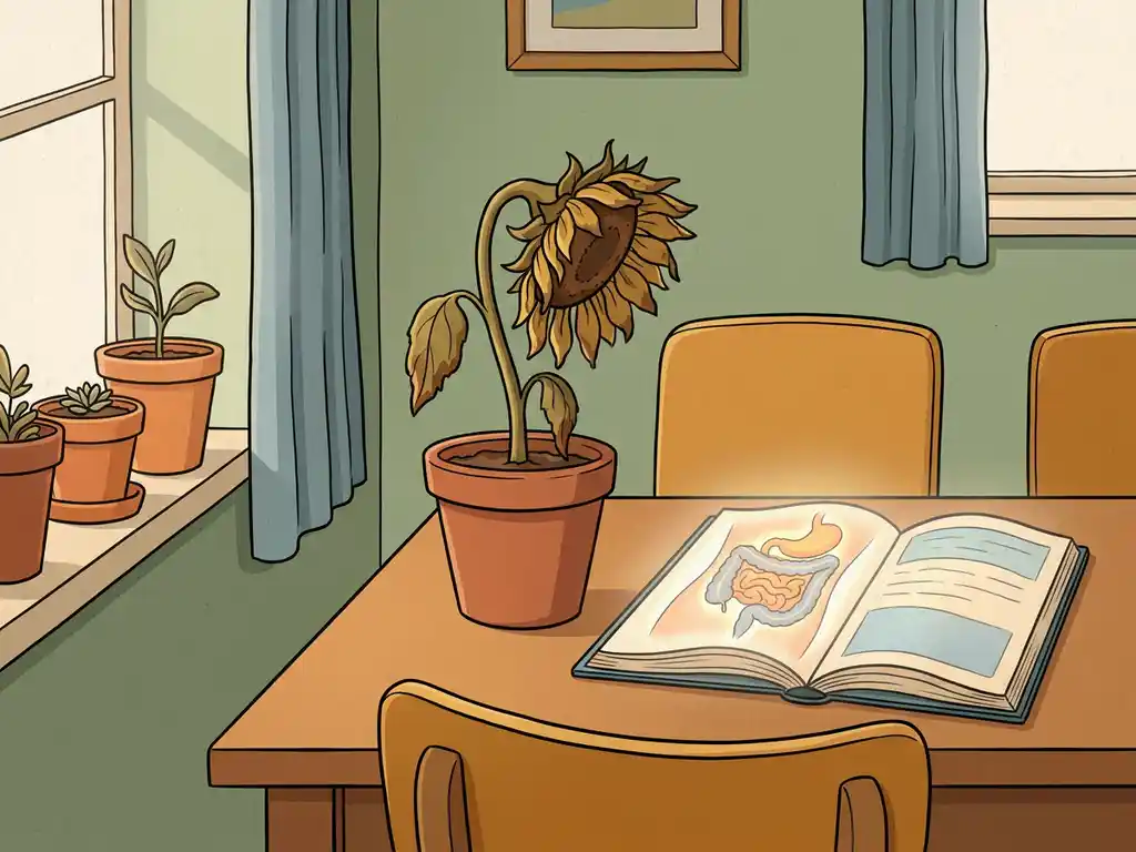 Verwelkte zonnebloem naast een gloeiende darmillustratie in een gezellig interieur met terracotta potten en warme amber tinten.