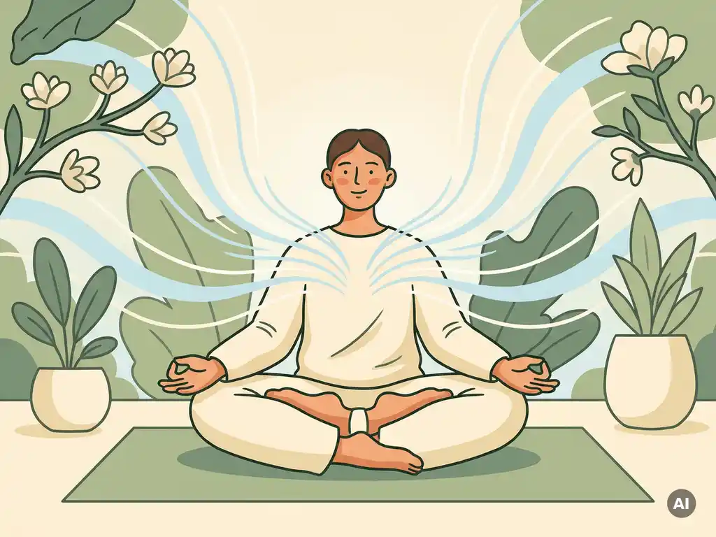Persoon zit gekruist op yogamat met handen op knieën, terwijl zachte luchtgolven vanuit de borst stralen, omgeven door botanische elementen.