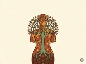 Menselijk darmsilhouet met een gewortelde boom die omhoog groeit door de romp, symbool voor veerkracht, in terracotta, saliegroen en goud.