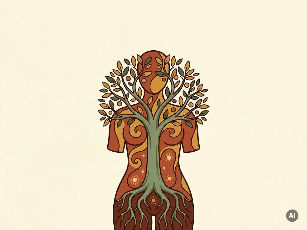 Menselijk darmsilhouet met een gewortelde boom die omhoog groeit door de romp, symbool voor veerkracht, in terracotta, saliegroen en goud.