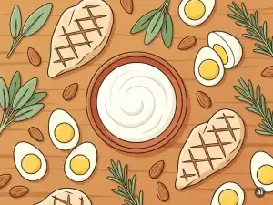 Bovenaanzicht van eiwitrijke voeding: gegrilde kipfilet, gekookte eieren, Griekse yoghurt en amandelen op een houten ondergrond.