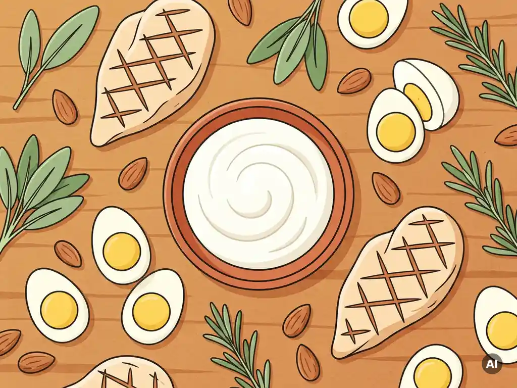 Bovenaanzicht van eiwitrijke voeding: gegrilde kipfilet, gekookte eieren, Griekse yoghurt en amandelen op een houten ondergrond.