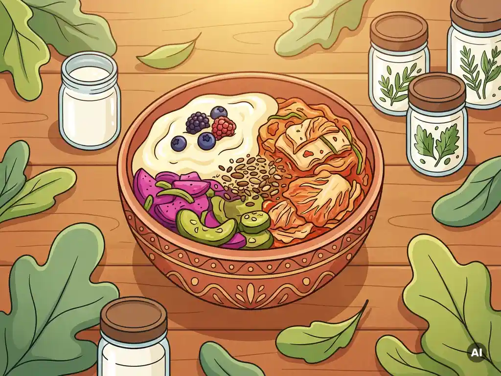 Kleurrijke kom met gefermenteerde voeding zoals kimchi, yoghurt en groenten, omringd door kefirpotjes en kruiden, bovenaanzicht.
