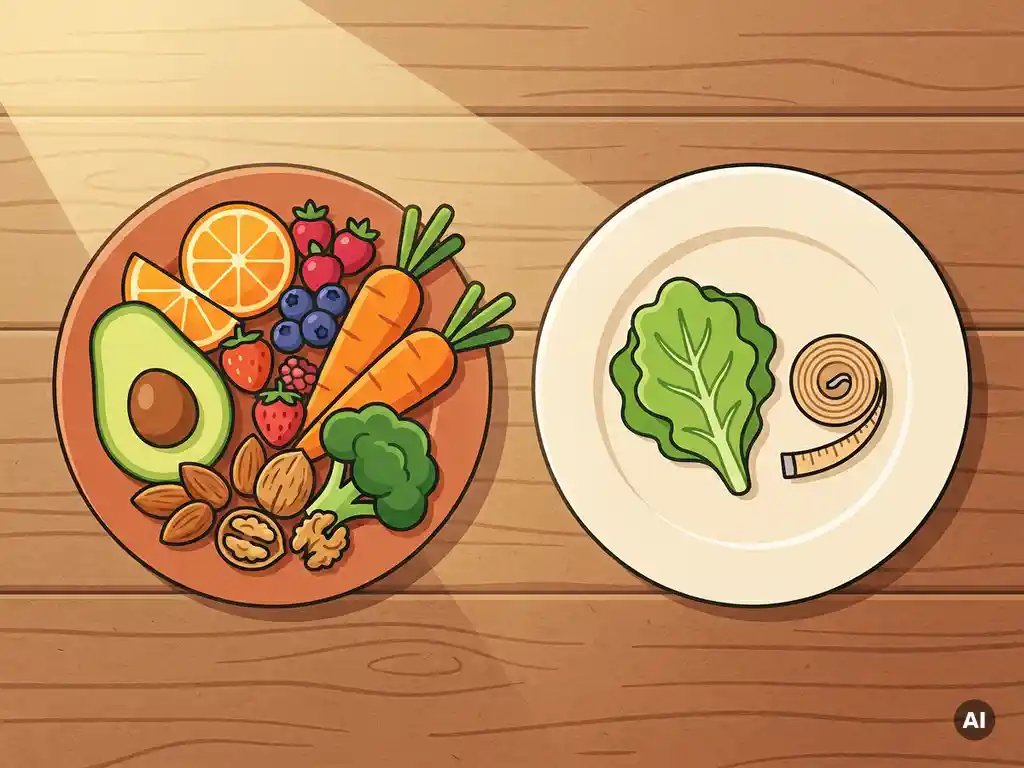 Twee borden op houten tafel: één vol kleurrijke groenten, noten en fruit, het andere met slechts een slablad en meetlint — contrast tussen gezond eten en crashdieet.