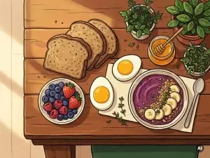 Bovenaanzicht van een voedzaam ontbijt met volkoren toast, verse bessen, gekookte eieren en een smoothiebowl op een houten tafel.