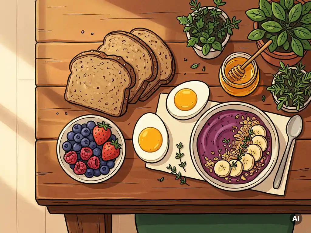 Bovenaanzicht van een voedzaam ontbijt met volkoren toast, verse bessen, gekookte eieren en een smoothiebowl op een houten tafel.