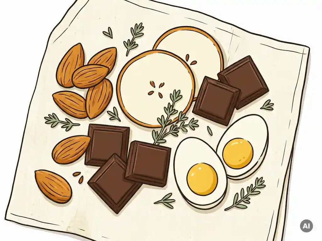 Bovenaanzicht van gezonde snacks: amandelen, appelschijfjes, pure chocolade en gekookte eieren op linnen ondergrond.