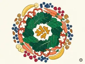 Bovenaanzicht van kleurrijke superfoods: groenten, bladgroenten, bessen, noten en kurkumawortel in cirkelvormige compositie op crèmekleurig oppervlak.