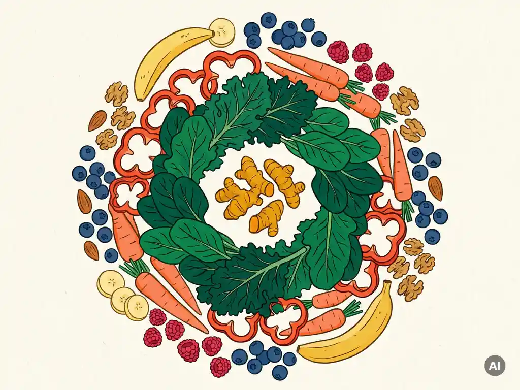 Bovenaanzicht van kleurrijke superfoods: groenten, bladgroenten, bessen, noten en kurkumawortel in cirkelvormige compositie op crèmekleurig oppervlak.