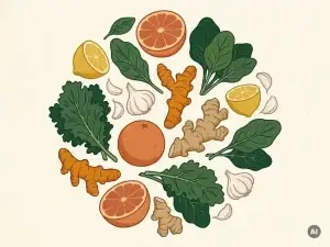 Kleurrijke flat-lay van immuunversterkende voedingsmiddelen: gemberwortel, citrusvruchten, knoflook en donkere bladgroenten op crèmekleurig oppervlak.