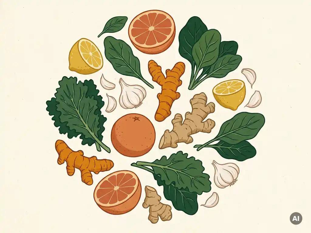Kleurrijke flat-lay van immuunversterkende voedingsmiddelen: gemberwortel, citrusvruchten, knoflook en donkere bladgroenten op crèmekleurig oppervlak.