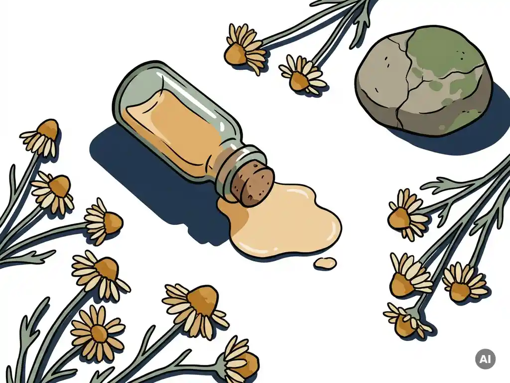 Klein glazen flesje met lichtamberkleurige vloeistof dat kantelt op wit oppervlak, omringd door gedroogde kamillbloemen en een gebarsten steen.