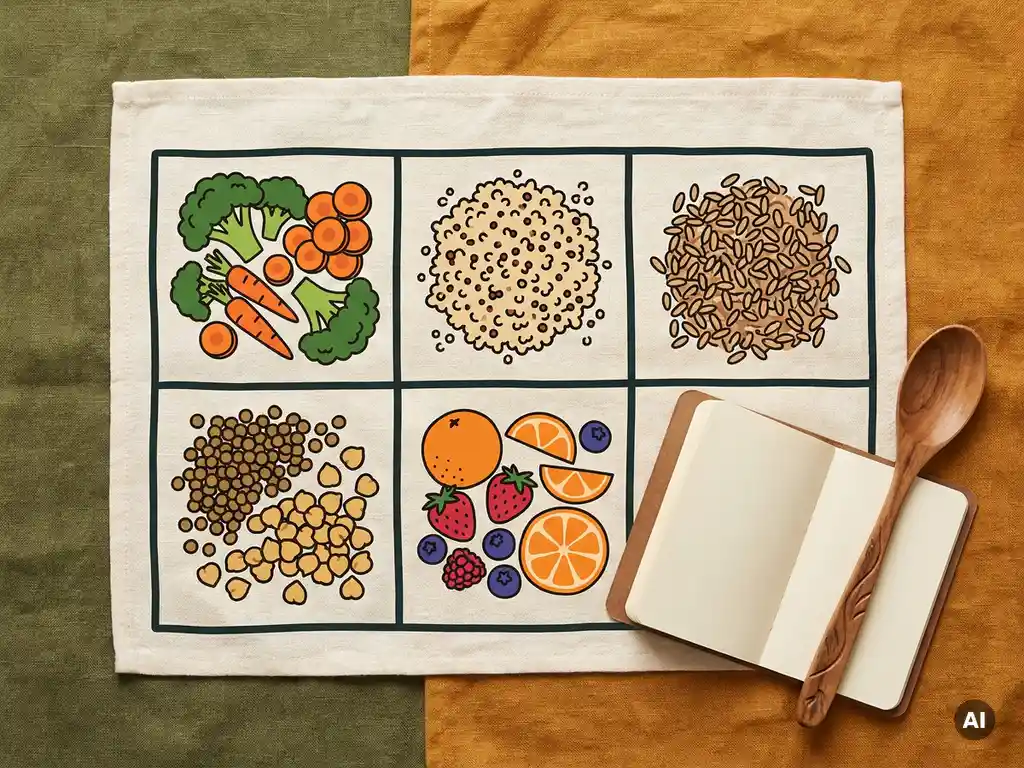 Kleurrijke maaltijdvoorbereiding met groenten, volle granen, peulvruchten en fruit in een weekplanner-grid op linnen ondergrond.