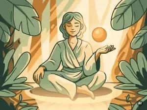 Persoon mediterend in een bos, ogen gesloten, omringd door groen blad en warm gefilterd licht met een gloeiende orb.