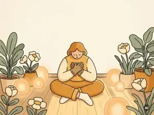 Persoon zit gekruist op houten vloer met handen op borst, omringd door bloeiende planten en gloeiende orbs, vlakke illustratiestijl.