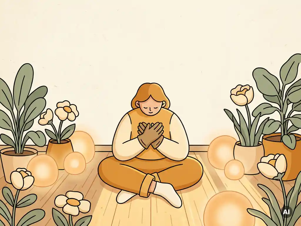 Persoon zit gekruist op houten vloer met handen op borst, omringd door bloeiende planten en gloeiende orbs, vlakke illustratiestijl.