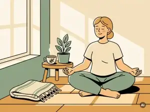 Persoon zit gekruist op houten vloer in ochtendlicht, met dampende kruidenthee en kamerplant, rustige meditatieve sfeer.