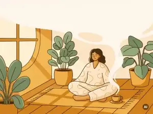 Persoon mediterend op houten vloer met dampende kruidenthee, omringd door kamerplanten in warm zonlicht, vectorillustratie.