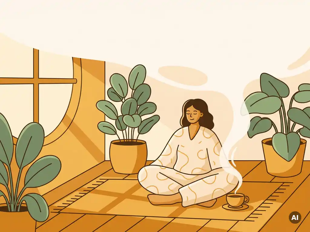 Persoon mediterend op houten vloer met dampende kruidenthee, omringd door kamerplanten in warm zonlicht, vectorillustratie.