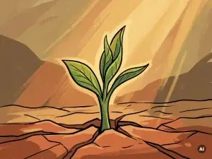 Jonge groene plant met verse bladeren die opkomt uit droge, gebarsten aarde, omhuld door warm goudkleurig licht.
