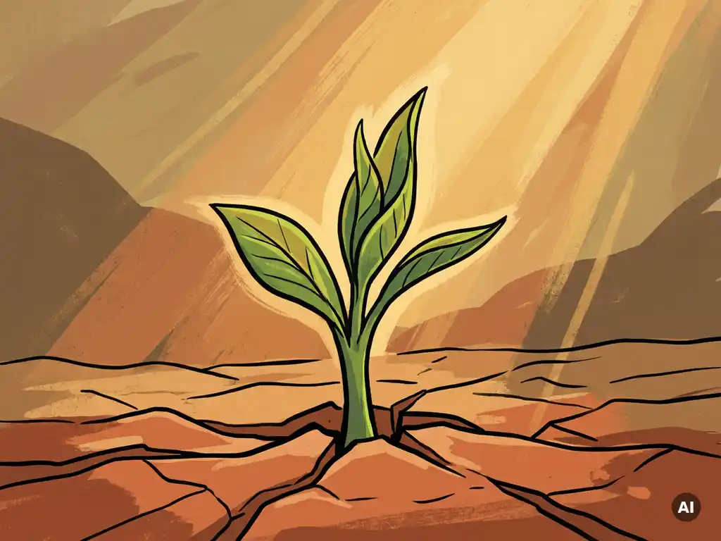 Jonge groene plant met verse bladeren die opkomt uit droge, gebarsten aarde, omhuld door warm goudkleurig licht.