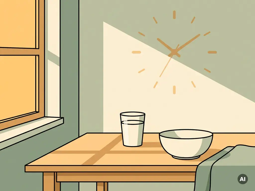 Witte kom en glas water op houten tafel in minimalistische keuken, met zachte ochtendzon en klok op de achtergrond.